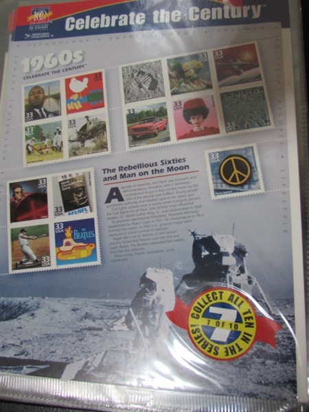 CELEBRATE THE CENTURY POSTAGE STAMP ALBUM WITH STAMPS FOR EACH DECADE - FULL
