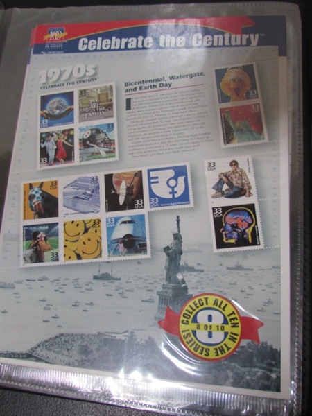 CELEBRATE THE CENTURY POSTAGE STAMP ALBUM WITH STAMPS FOR EACH DECADE - FULL