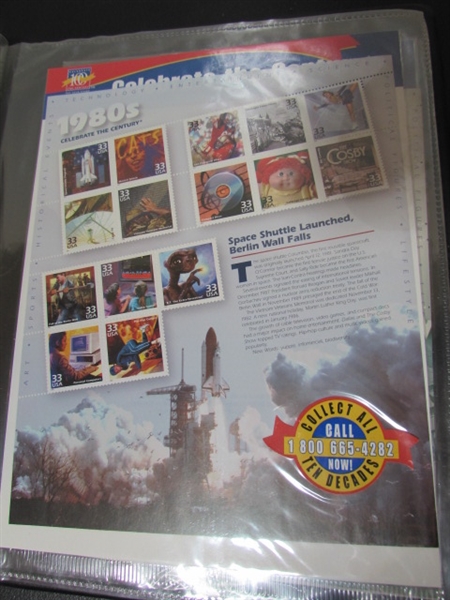CELEBRATE THE CENTURY POSTAGE STAMP ALBUM WITH STAMPS FOR EACH DECADE - FULL