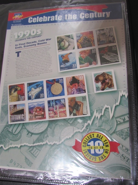CELEBRATE THE CENTURY POSTAGE STAMP ALBUM WITH STAMPS FOR EACH DECADE - FULL