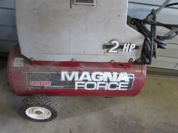 SANBORN MAGNA FORCE 2HP AIR COMPRESSOR (WORKS), IMPACT WRENCH & MORE