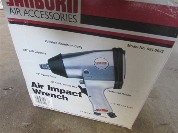 SANBORN MAGNA FORCE 2HP AIR COMPRESSOR (WORKS), IMPACT WRENCH & MORE