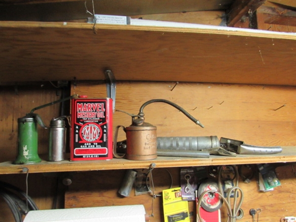 OIL CANS, GREASE GUN & COOL MYSTERY MARVEL OIL CAN