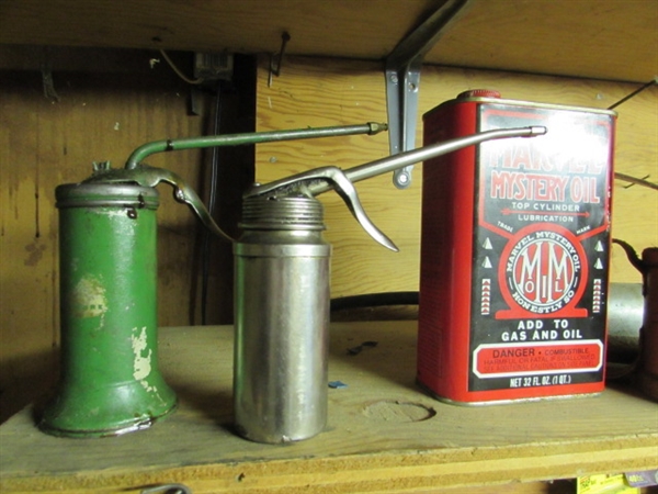 OIL CANS, GREASE GUN & COOL MYSTERY MARVEL OIL CAN