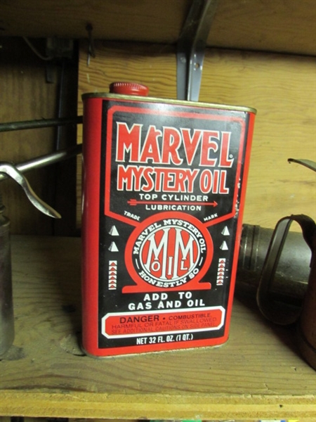 OIL CANS, GREASE GUN & COOL MYSTERY MARVEL OIL CAN