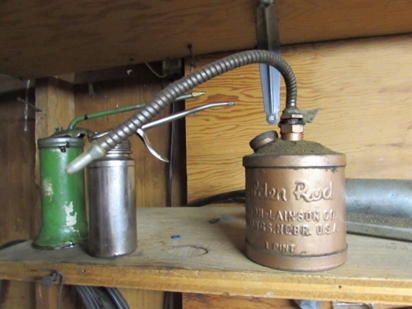 OIL CANS, GREASE GUN & COOL MYSTERY MARVEL OIL CAN