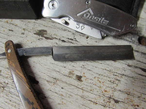 POCKET KNIVES, STRAIGHT RAZOR, LIGHTER IN A GLASS TRINKET BOX