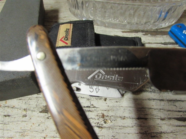 POCKET KNIVES, STRAIGHT RAZOR, LIGHTER IN A GLASS TRINKET BOX