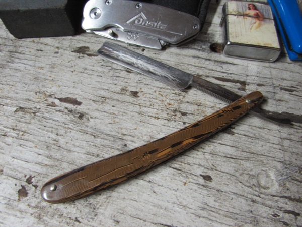 POCKET KNIVES, STRAIGHT RAZOR, LIGHTER IN A GLASS TRINKET BOX