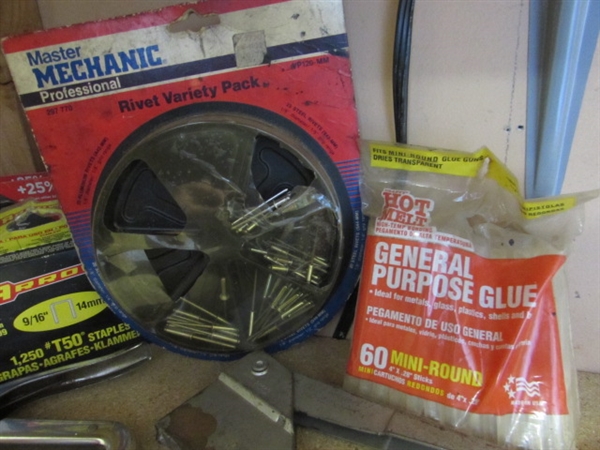 GLUE GUN, STAPLER, RIVET GUNS + GLUE STICKS, STAPLES & RIVETS