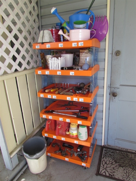 DISPLAY SHELF WITH YARD & GARDENING TOOLS & SUPPLIES