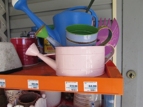 DISPLAY SHELF WITH YARD & GARDENING TOOLS & SUPPLIES