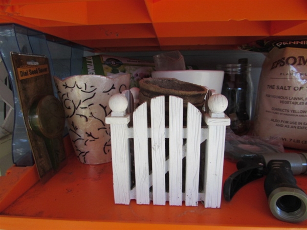 DISPLAY SHELF WITH YARD & GARDENING TOOLS & SUPPLIES