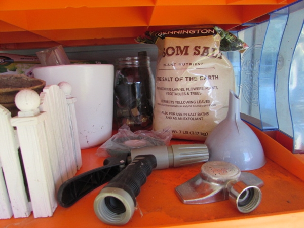 DISPLAY SHELF WITH YARD & GARDENING TOOLS & SUPPLIES