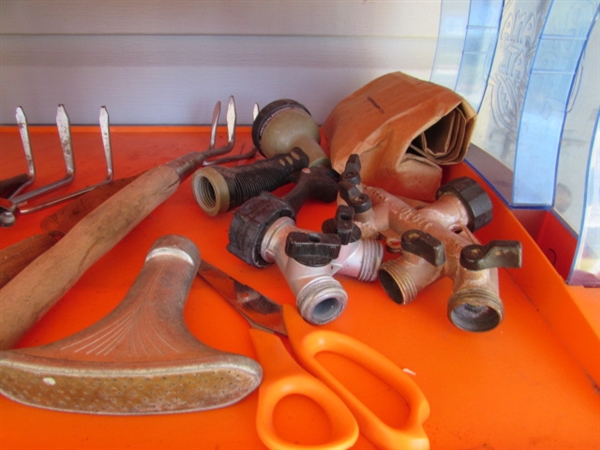 DISPLAY SHELF WITH YARD & GARDENING TOOLS & SUPPLIES