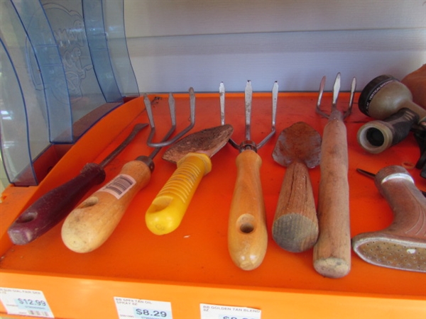 DISPLAY SHELF WITH YARD & GARDENING TOOLS & SUPPLIES