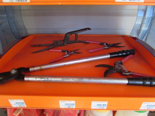 DISPLAY SHELF WITH YARD & GARDENING TOOLS & SUPPLIES