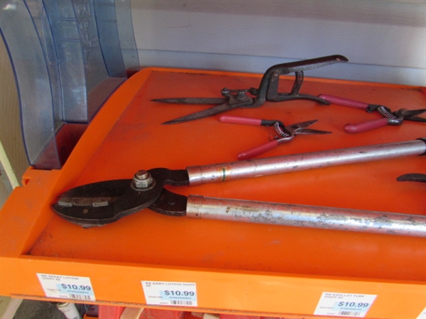 DISPLAY SHELF WITH YARD & GARDENING TOOLS & SUPPLIES
