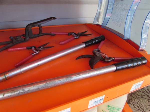 DISPLAY SHELF WITH YARD & GARDENING TOOLS & SUPPLIES