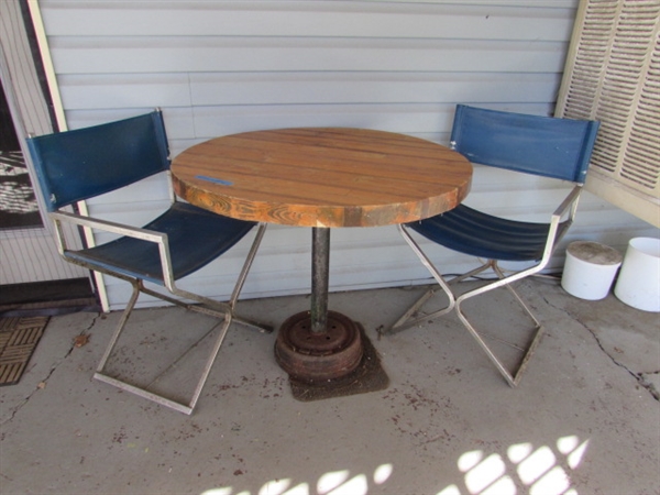 HAND CRAFTED TABLE & 2 VINTAGE CHROME FRAMED CHAIRS