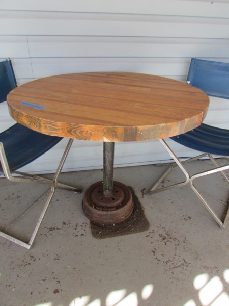 HAND CRAFTED TABLE & 2 VINTAGE CHROME FRAMED CHAIRS