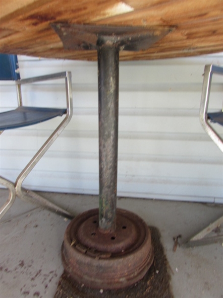 HAND CRAFTED TABLE & 2 VINTAGE CHROME FRAMED CHAIRS