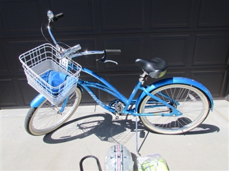 DARK BLUE LADIES 3-SPEED "ELECTRA" CRUISER 26" BICYCLE W/HELMET, VEST & LOCK