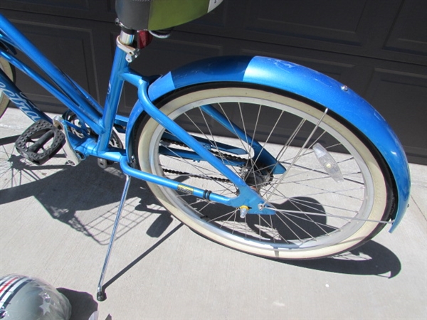 DARK BLUE LADIES 3-SPEED ELECTRA CRUISER 26 BICYCLE W/HELMET, VEST & LOCK