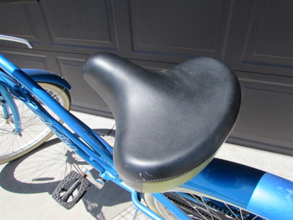 DARK BLUE LADIES 3-SPEED ELECTRA CRUISER 26 BICYCLE W/HELMET, VEST & LOCK