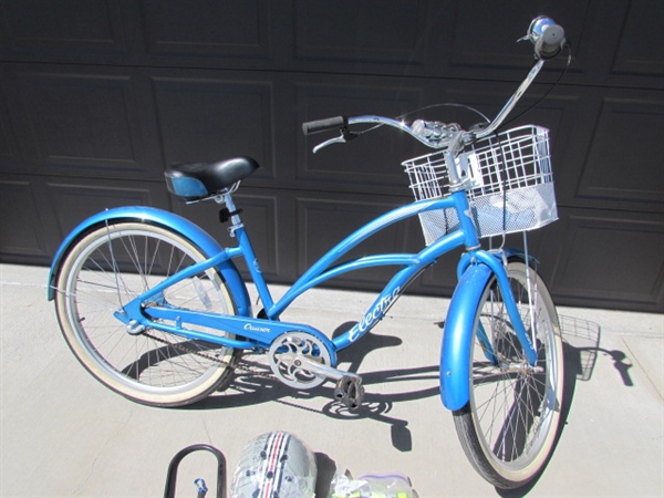 DARK BLUE LADIES 3-SPEED ELECTRA CRUISER 26 BICYCLE W/HELMET, VEST & LOCK