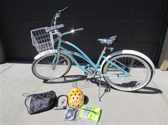 LT BLUE LADIES 3-SPEED "ELECTRA" CRUISER 26" BICYCLE W/HELMET, VEST & LOCK