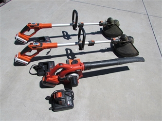 BLACK & DECKER 40 VOLT WEED TRIMMERS & A BLOWER W/BATTERIES & CHARGERS