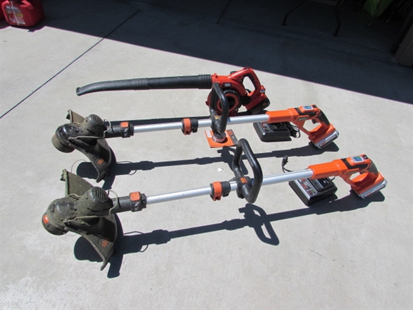 BLACK & DECKER 40 VOLT WEED TRIMMERS & A BLOWER W/BATTERIES & CHARGERS