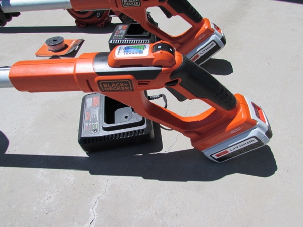 BLACK & DECKER 40 VOLT WEED TRIMMERS & A BLOWER W/BATTERIES & CHARGERS