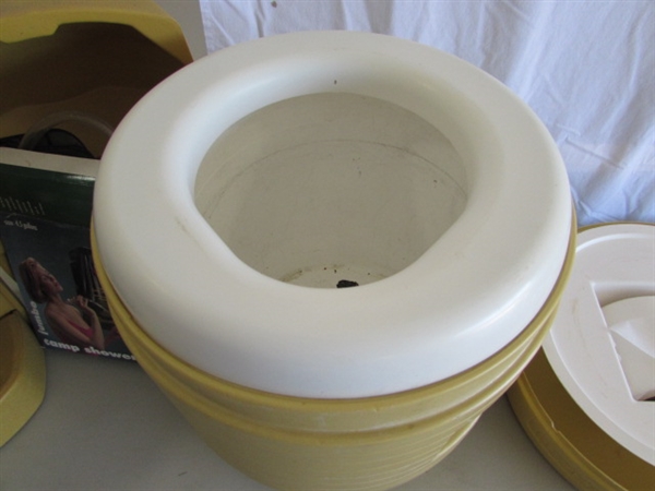 COLEMAN LANTERN, PORTA-POTTY & CAMP SHOWER