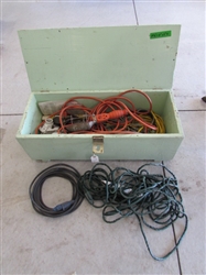 WOODEN STORAGE BOX W/EXTENSION CORDS & DROP/SHOP LIGHTS
