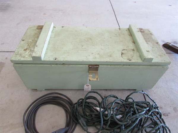 WOODEN STORAGE BOX W/EXTENSION CORDS & DROP/SHOP LIGHTS