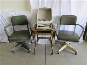 VINTAGE TYPEWRITER CART, TYPEWRITER & 2 DESK CHAIRS