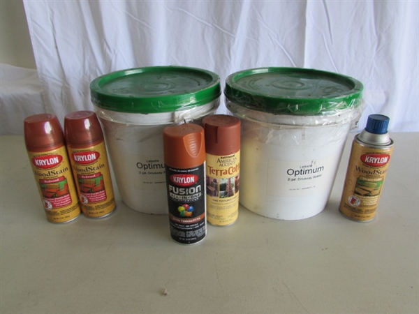 SPRAY STAIN (PARTIALLY FULL) & 2 2-GALLON CONTAINERS OF DRIVEWAY SEALER