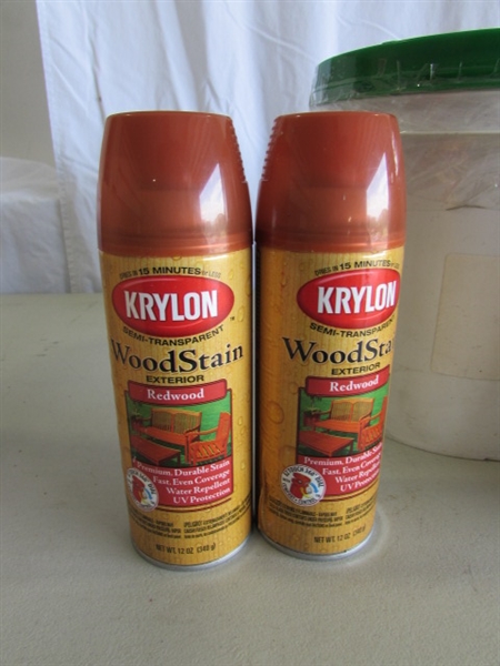 SPRAY STAIN (PARTIALLY FULL) & 2 2-GALLON CONTAINERS OF DRIVEWAY SEALER