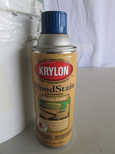 SPRAY STAIN (PARTIALLY FULL) & 2 2-GALLON CONTAINERS OF DRIVEWAY SEALER