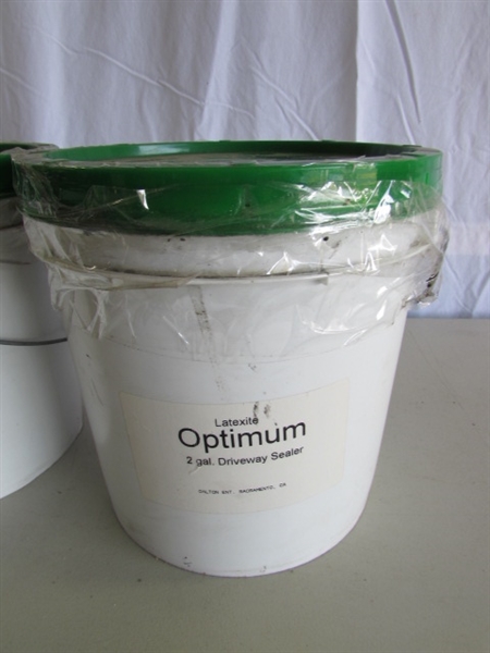 SPRAY STAIN (PARTIALLY FULL) & 2 2-GALLON CONTAINERS OF DRIVEWAY SEALER