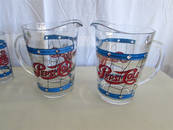STAINED GLASS PATTERN PEPSI-COLA PITCHERS & DRINKING GLASSES