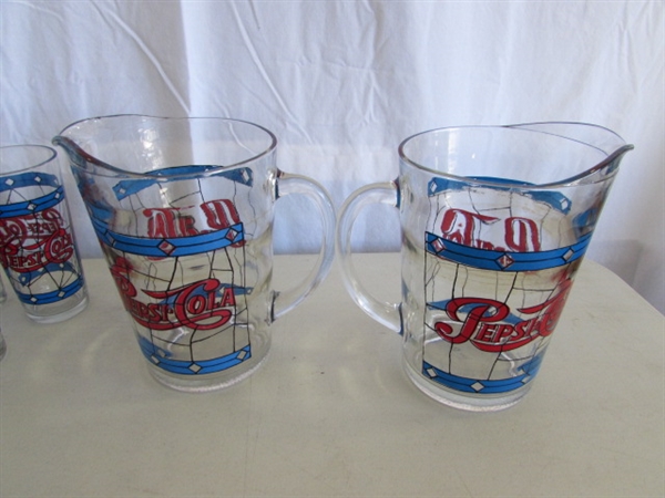 STAINED GLASS PATTERN PEPSI-COLA PITCHERS & DRINKING GLASSES