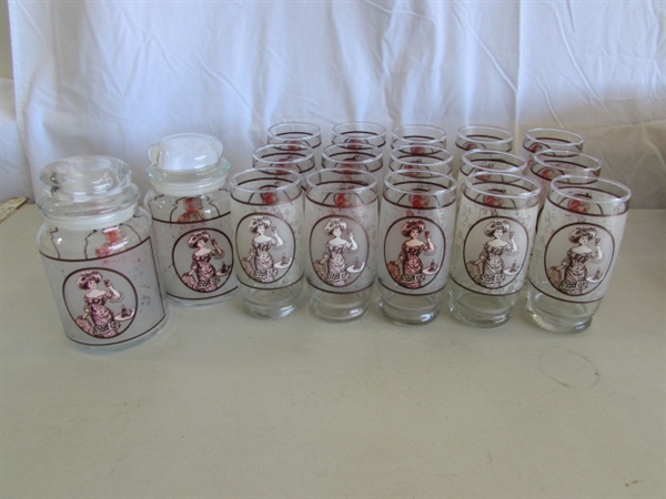 OLD FASHIONED STYLE PEPSI-COLA GLASSES & 3 STORAGE CONTAINERS