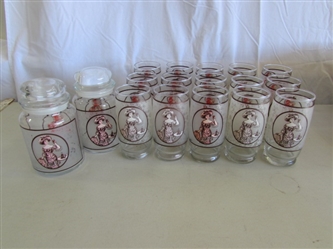 OLD FASHIONED STYLE "PEPSI-COLA" GLASSES & 3 STORAGE CONTAINERS