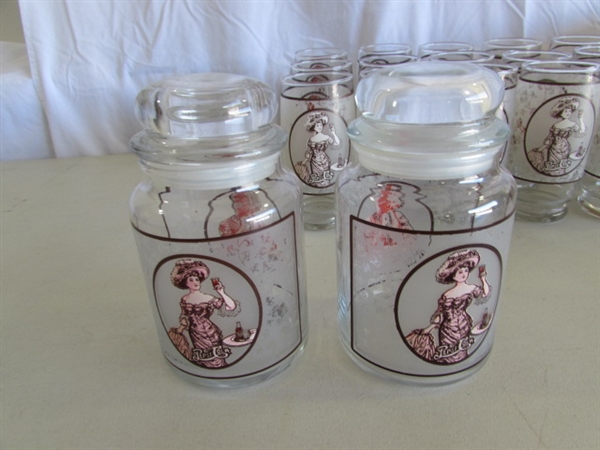 OLD FASHIONED STYLE PEPSI-COLA GLASSES & 3 STORAGE CONTAINERS