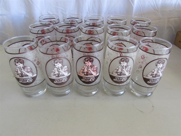 OLD FASHIONED STYLE PEPSI-COLA GLASSES & 3 STORAGE CONTAINERS