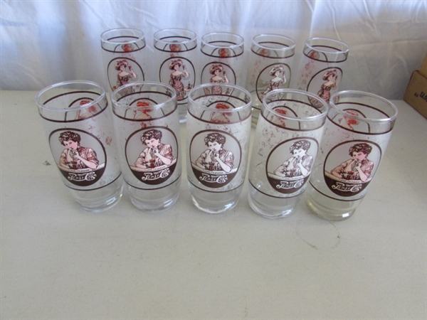 OLD FASHIONED STYLE PEPSI-COLA GLASSES & 3 STORAGE CONTAINERS
