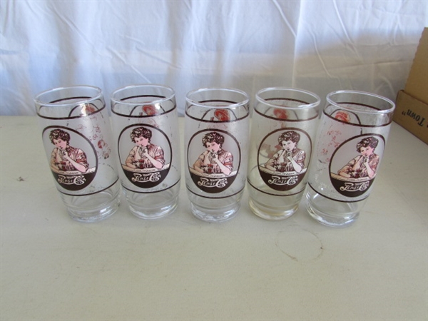 OLD FASHIONED STYLE PEPSI-COLA GLASSES & 3 STORAGE CONTAINERS